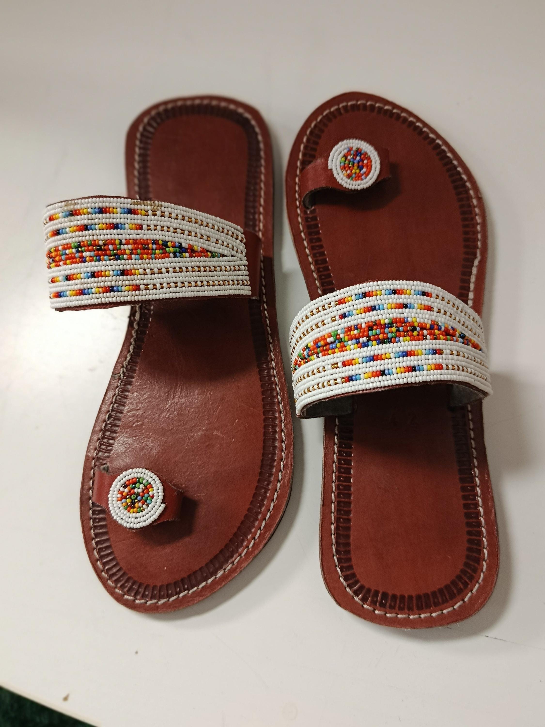 Sandales Cuir Perlées Masai Femme  Artisanat Fait Main Authentique
