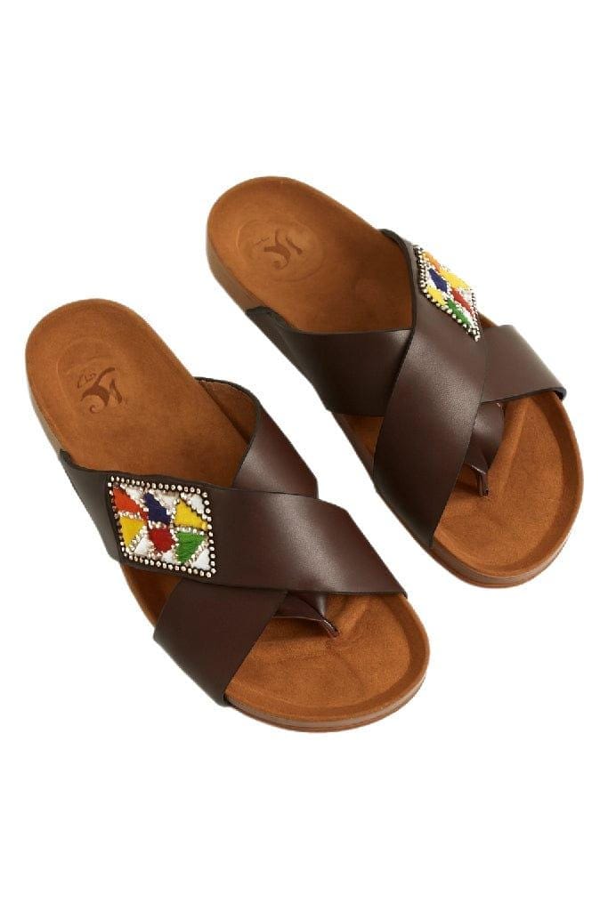 Sandale Masaï Homme « Baba »  Tong cuir marron bandes croisées & perles multicolores | Perlacuir