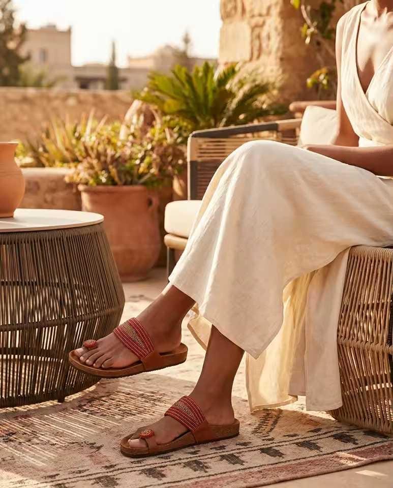 Sandale Masaï « Waridi »  Tong cuir camel bandes tressées rouges & fleur de perles | Perlacuir