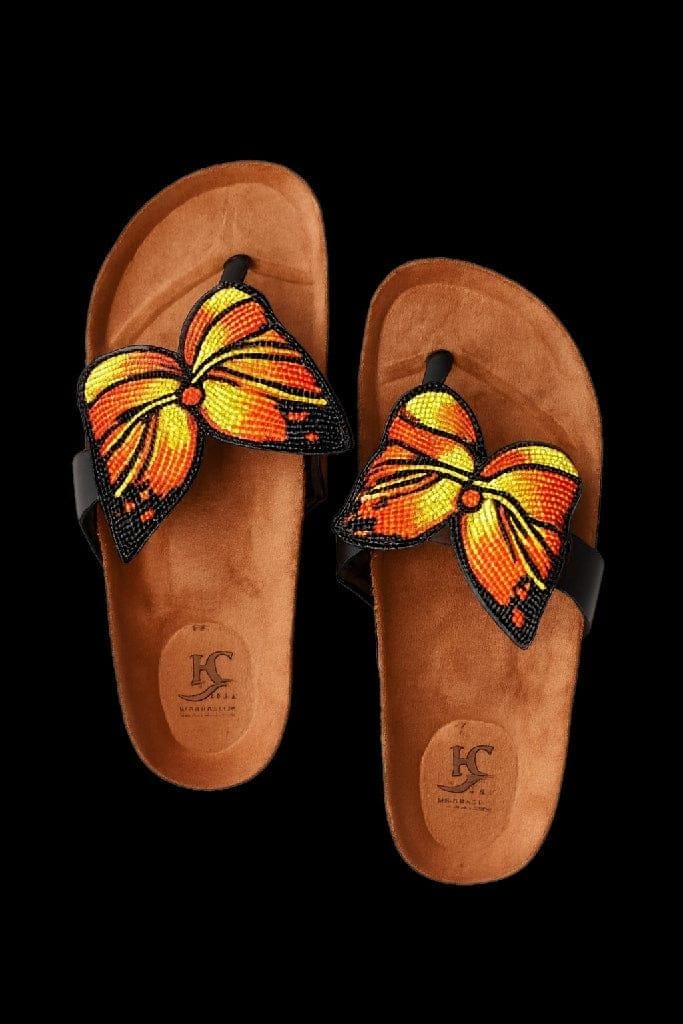 Sandale Masaï « Kipepeo »  Tong cuir camel grand papillon perles orange & jaune | Perlacuir