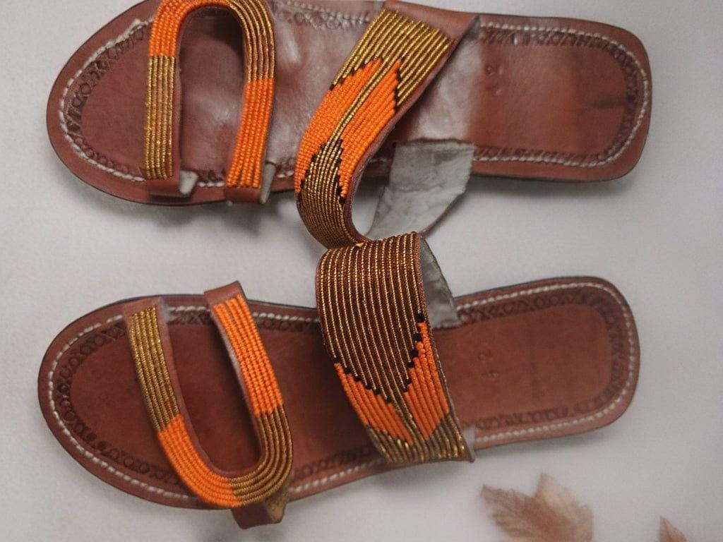 Mkeka  Mule cuir marron bandes tressées camel | Perlacuir