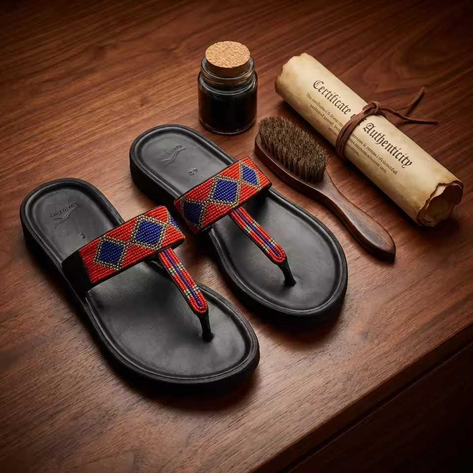 Sandale Masaï « Usiku »  Tong plateforme cuir noir perles orange & bleu nuit | Perlacuir