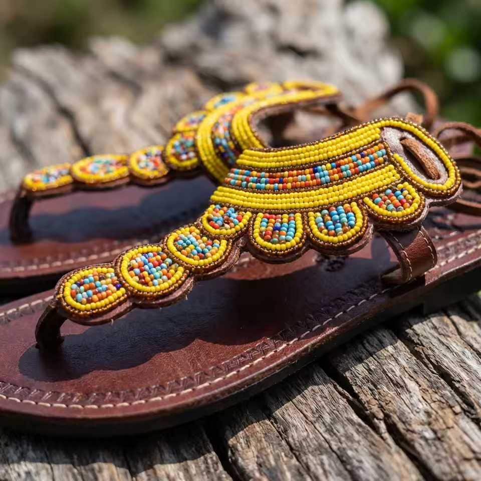 Sandales Cuir Perlées Masai Femme  Artisanat Fait Main Authentique
