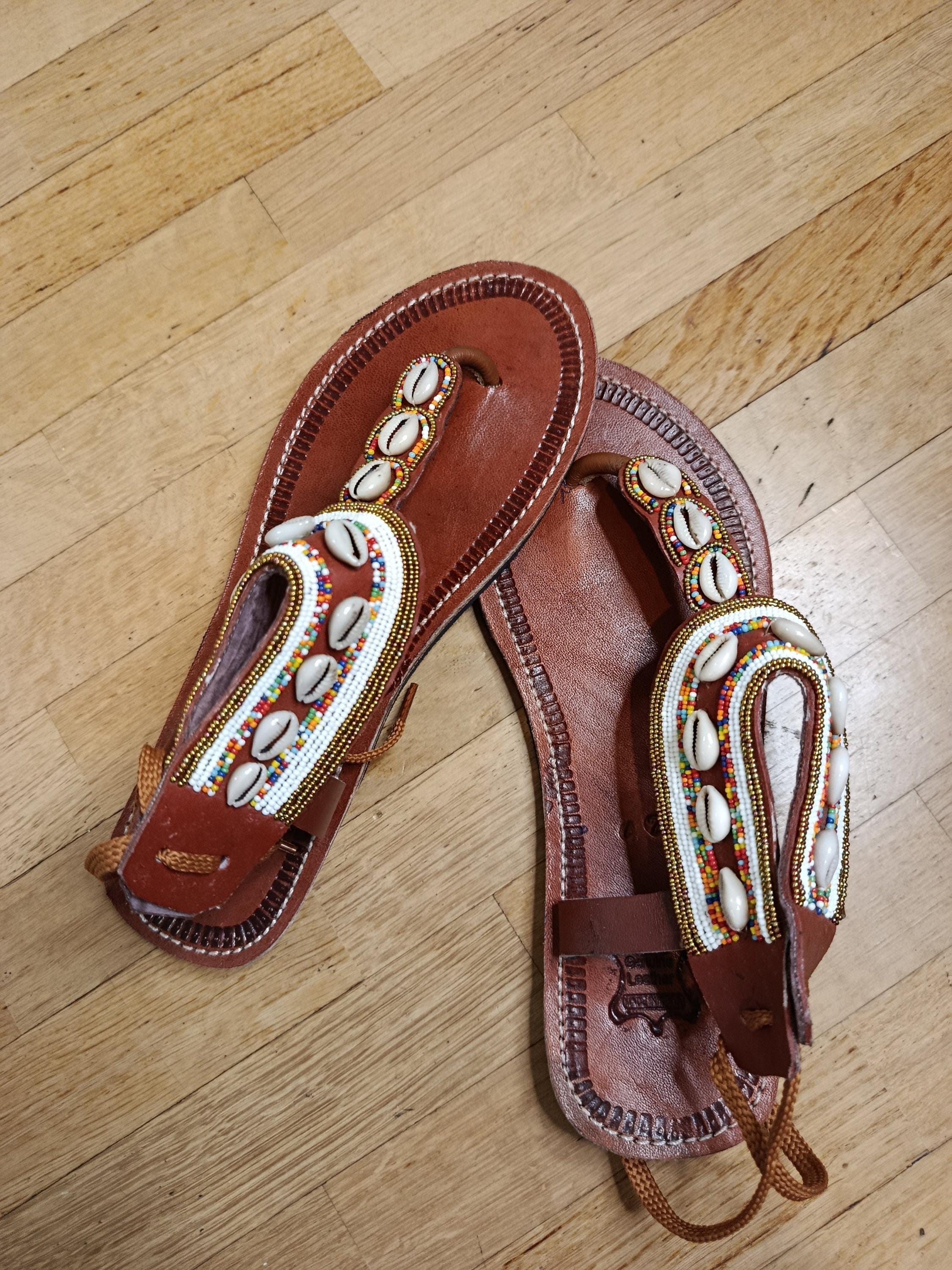 Sandales Cuir Perles et Cauris Masai Femme  Artisanat Unique