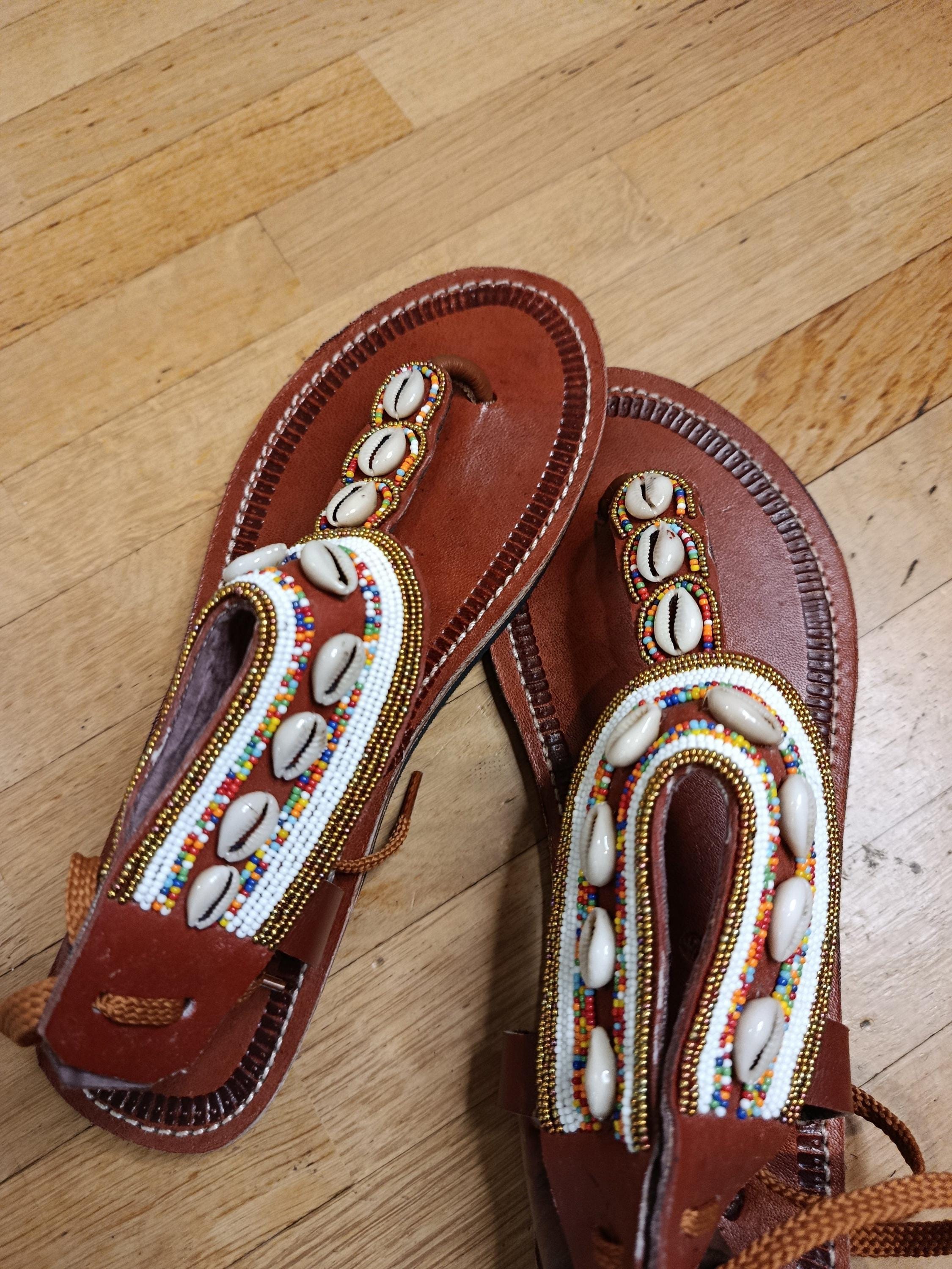 Sandales Cuir Perles et Cauris Masai Femme  Artisanat Unique