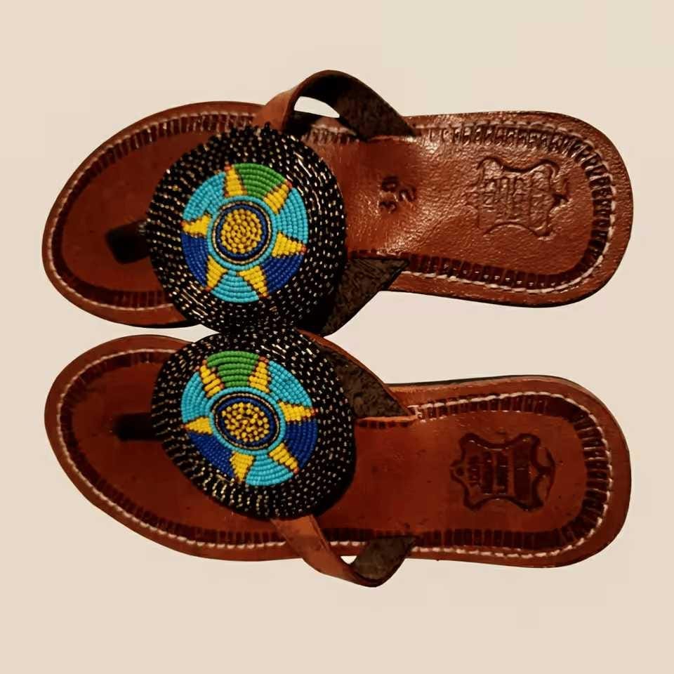 Sandales Cuir Perlées Masai Femme  Artisanat Fait Main Authentique