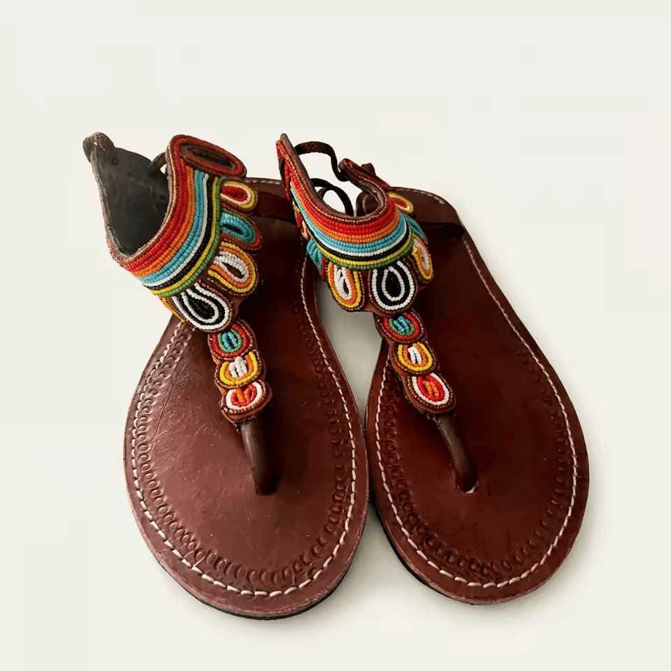 Sandales Cuir Perlées Masai Femme  Artisanat Fait Main Authentique