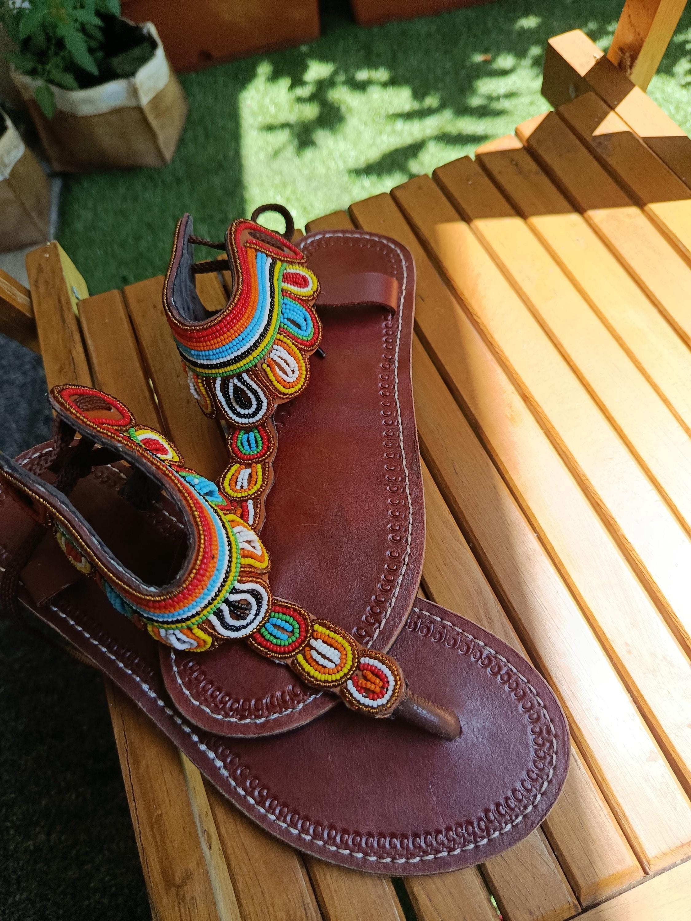 Sandales Cuir Perlées Masai Femme  Artisanat Fait Main Authentique