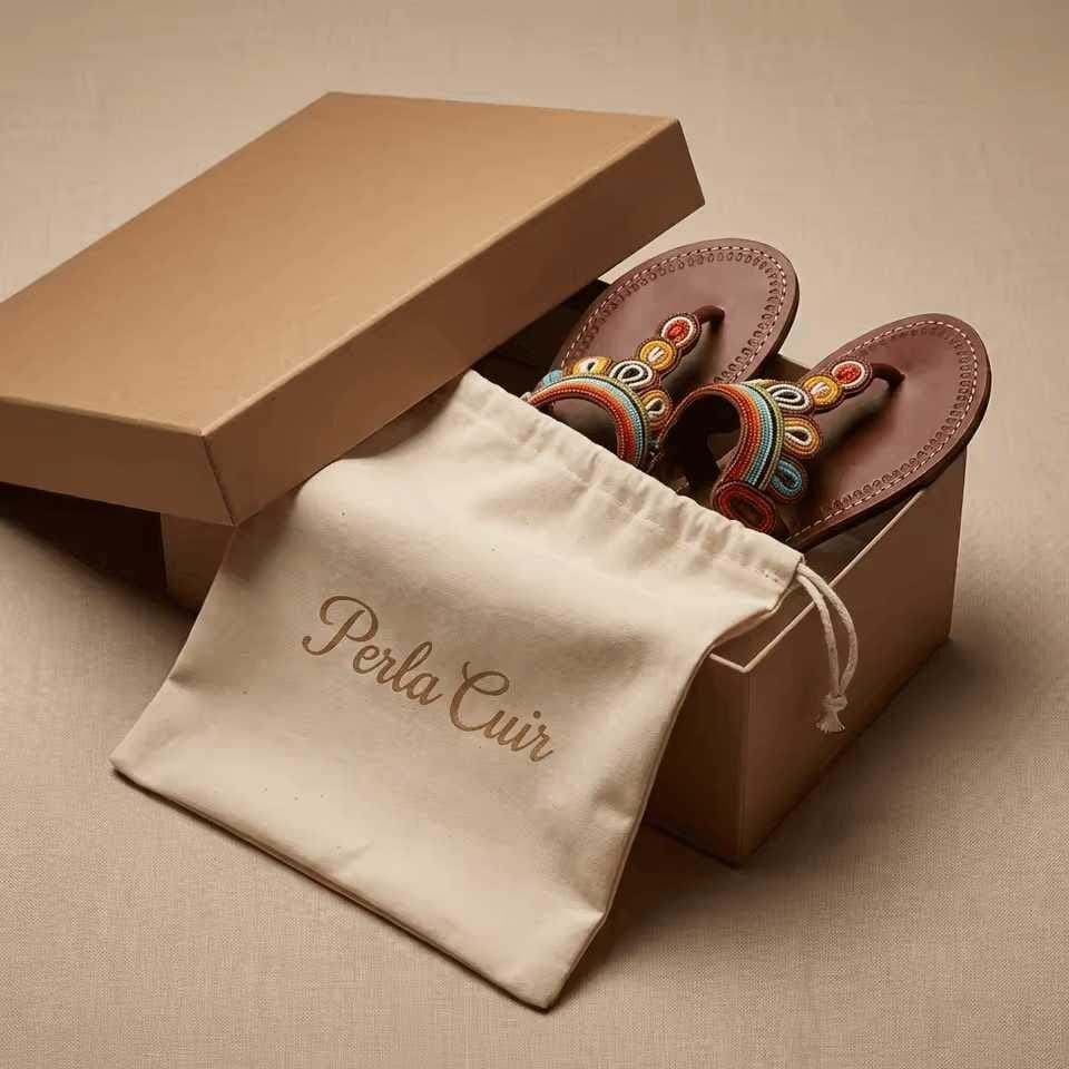 Sandales Cuir Perlées Masai Femme  Artisanat Fait Main Authentique