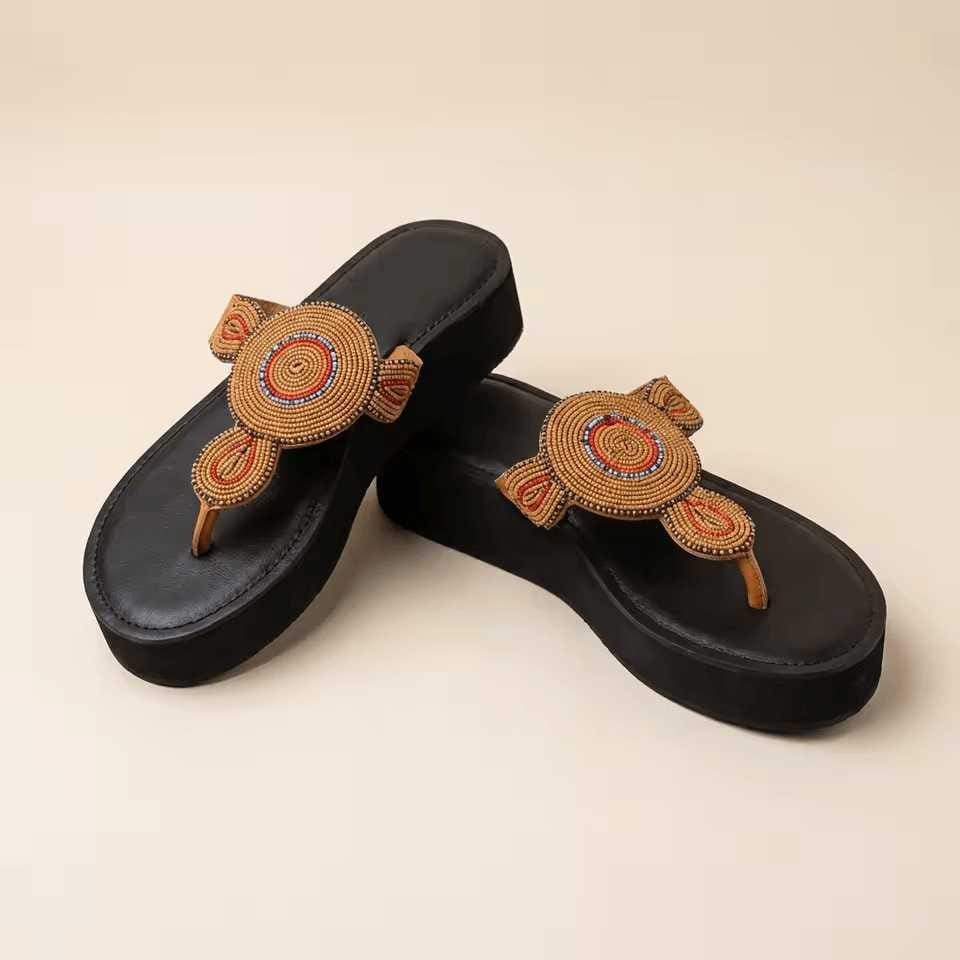 Sandales Cuir Perlées Masai Femme  Artisanat Fait Main Authentique
