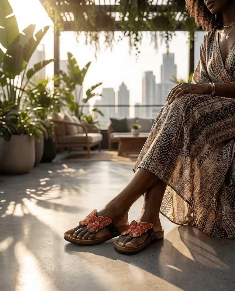 Sandales Cuir Perlées Masai Femme  Artisanat Fait Main Authentique