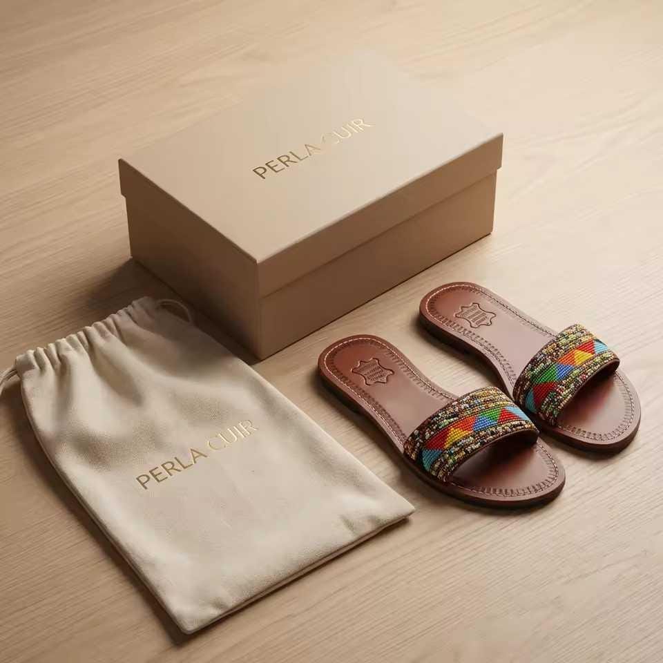 Sandale Masaï « Amani »  Mule cuir marron bande perles multicolores | Perlacuir