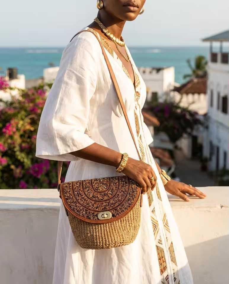 Sac Cuir Perlé et Sisal Masai  Artisanat Authentique