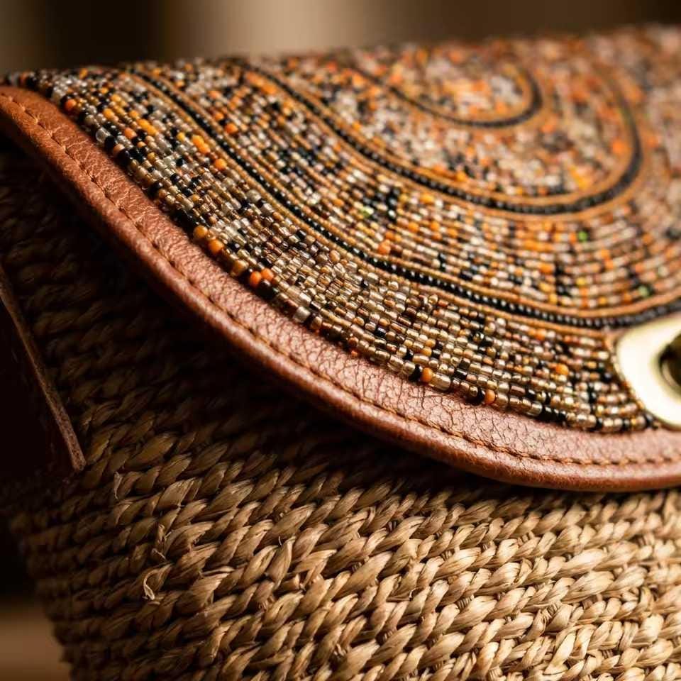 Sac Cuir Perlé et Sisal Masai  Artisanat Authentique