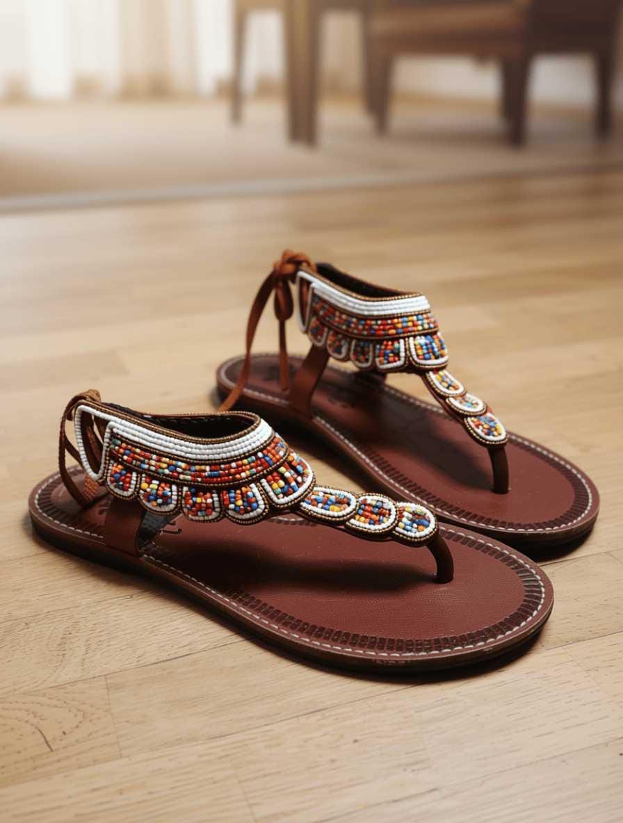 Sandales Cuir Perlées Masai Femme  Artisanat Fait Main Authentique