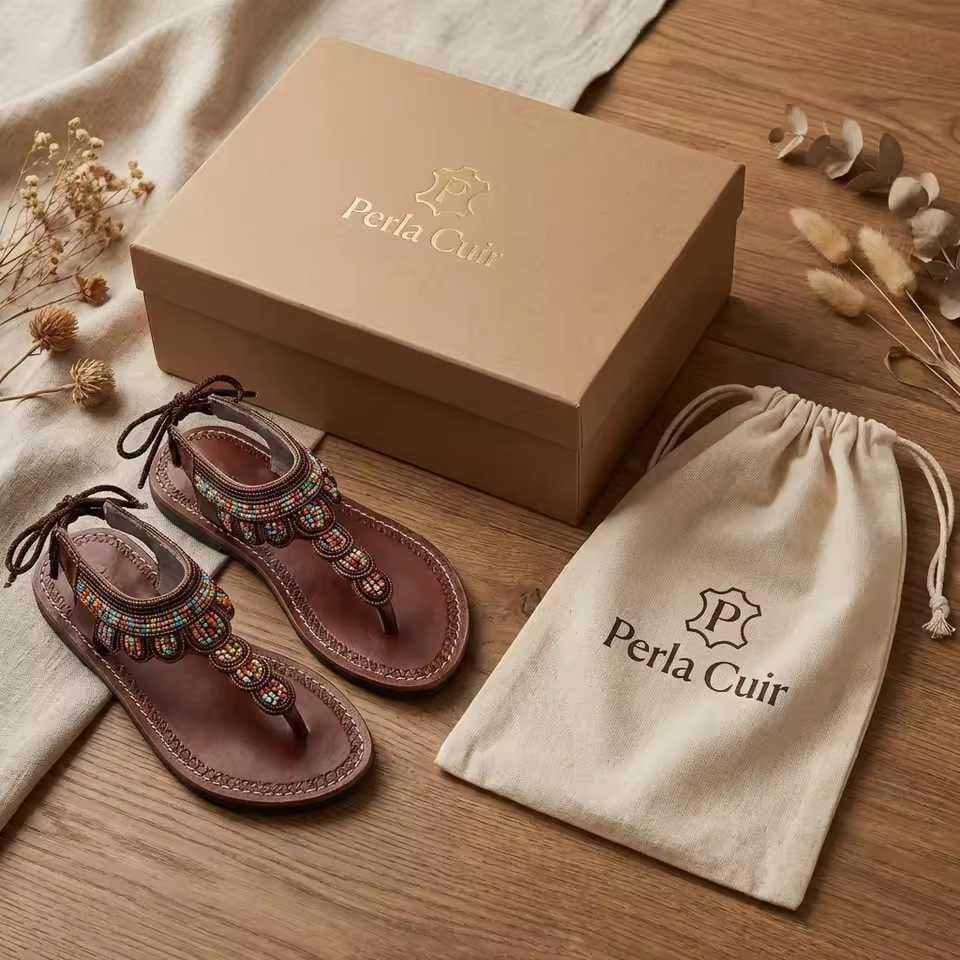 Sandales Cuir Perlées Masai Femme  Artisanat Fait Main Authentique