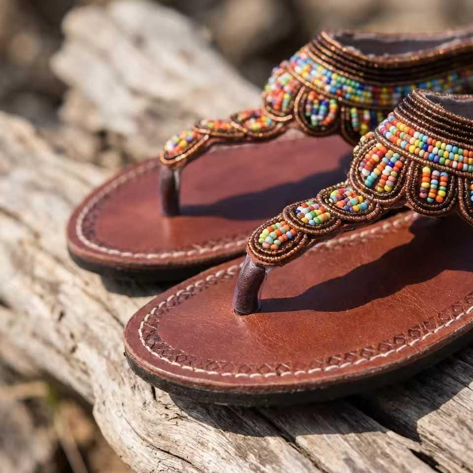 Sandales Cuir Perlées Masai Femme  Artisanat Fait Main Authentique