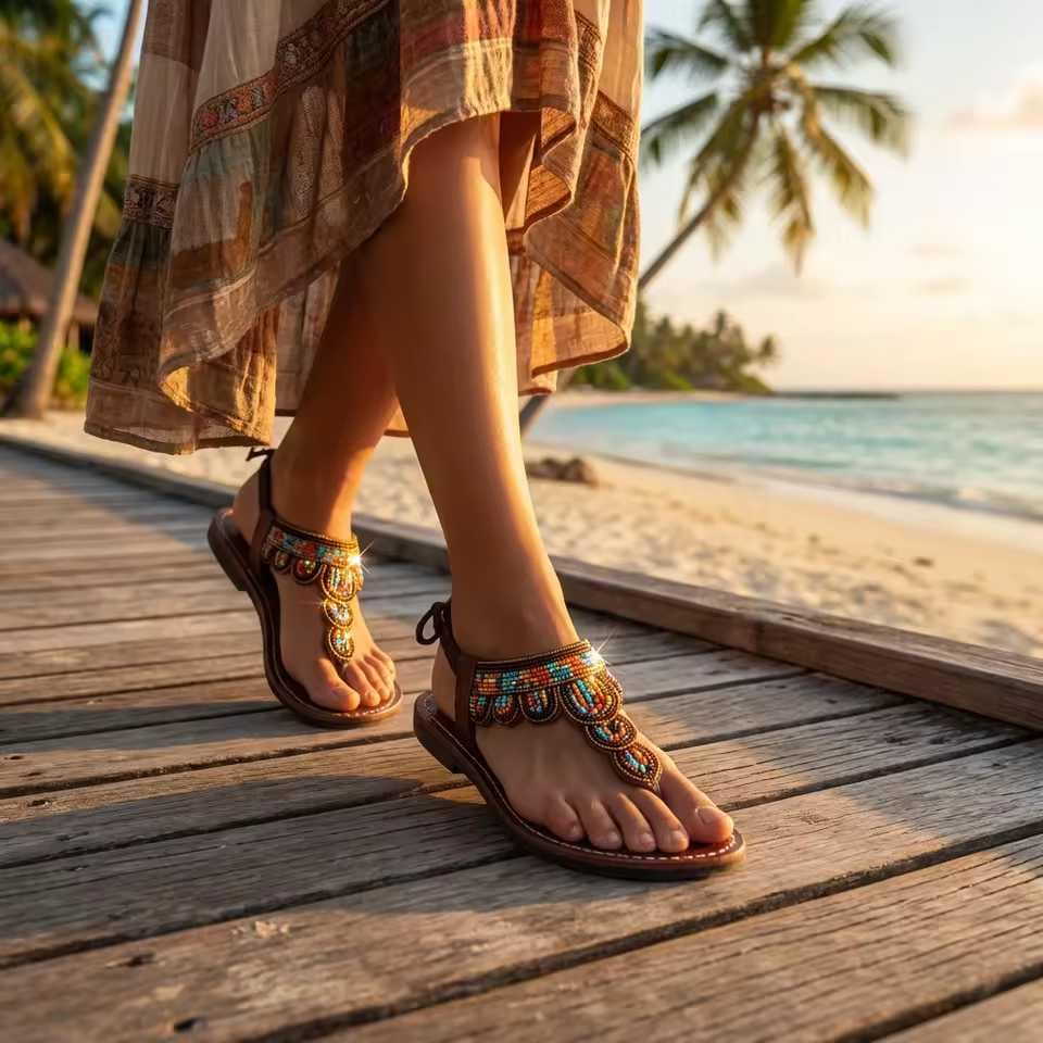 Sandales Cuir Perlées Masai Femme  Artisanat Fait Main Authentique