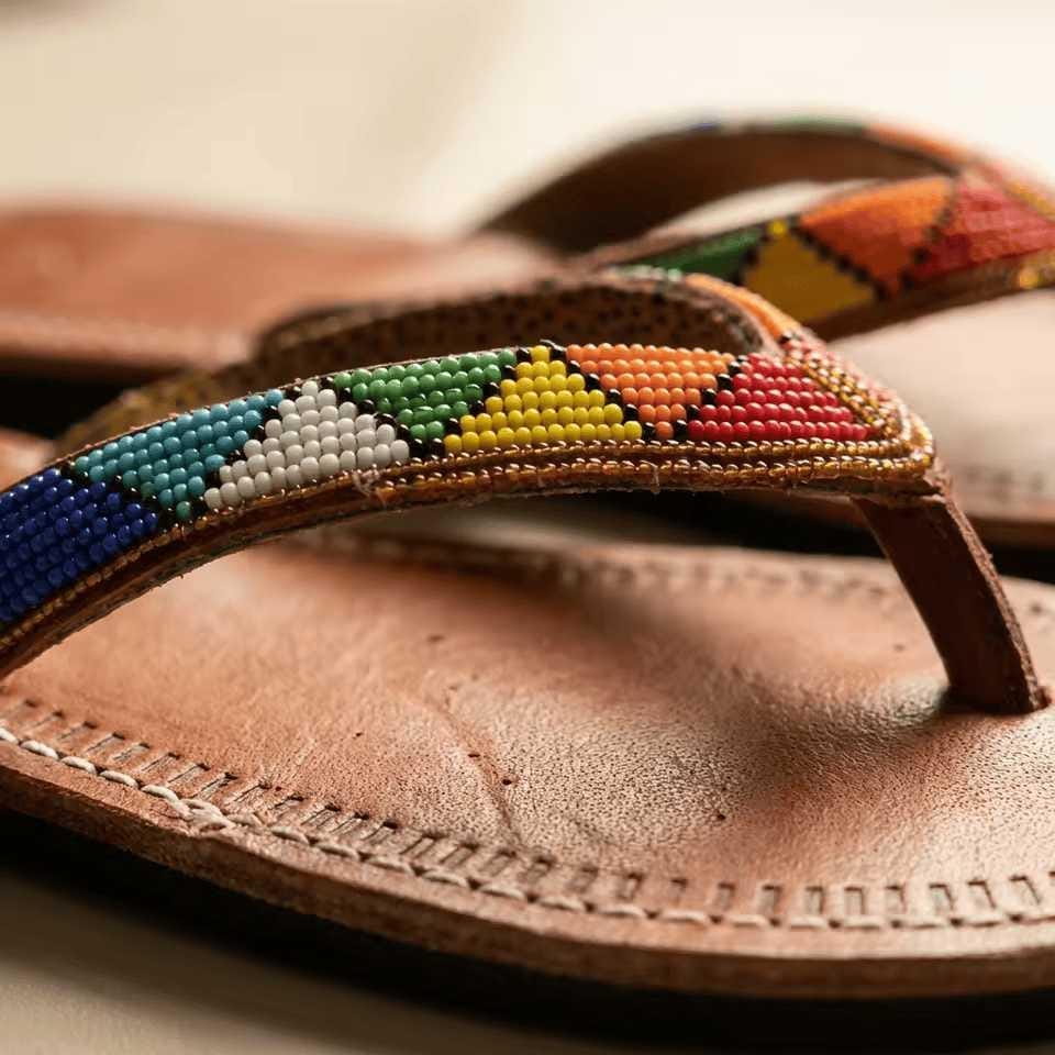 Sandales Cuir Perlées Masai Femme  Artisanat Fait Main Authentique