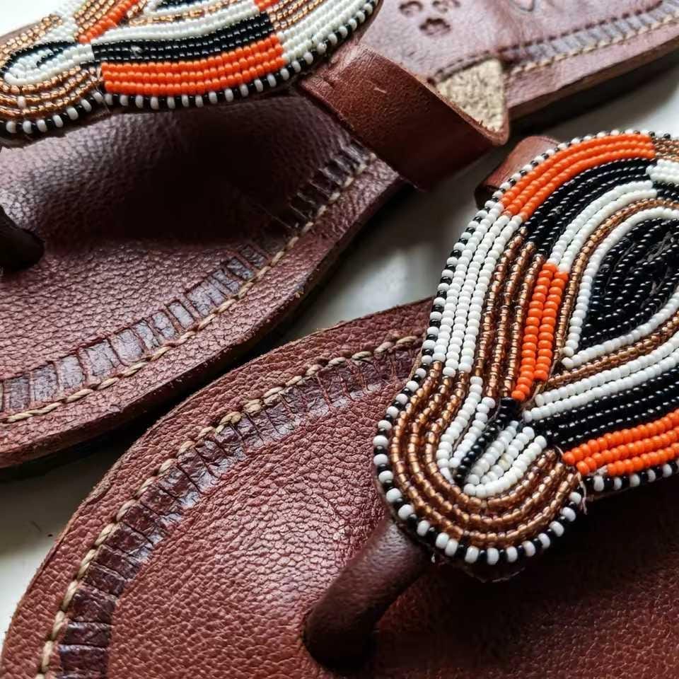 Sandales Cuir Perlées Masai Femme  Artisanat Fait Main Authentique