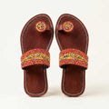 Sandale Masaï « Zara »  Tong cuir marron perles multicolores | Perlacuir
