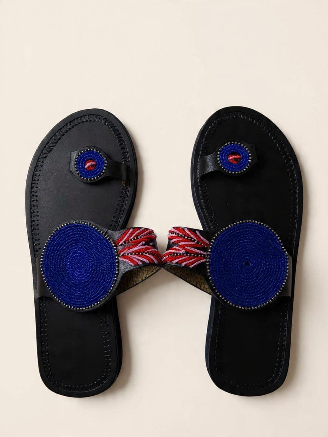 Duara Noir  Tong cuir noir médaillon bleu Masaï | Perlacuir