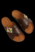 Sandale Masaï Homme « Baba »  Tong cuir marron bandes croisées & perles multicolores | Perlacuir