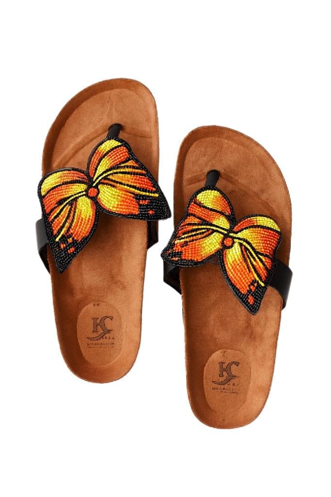 Sandale Masaï « Kipepeo »  Tong cuir camel grand papillon perles orange & jaune | Perlacuir