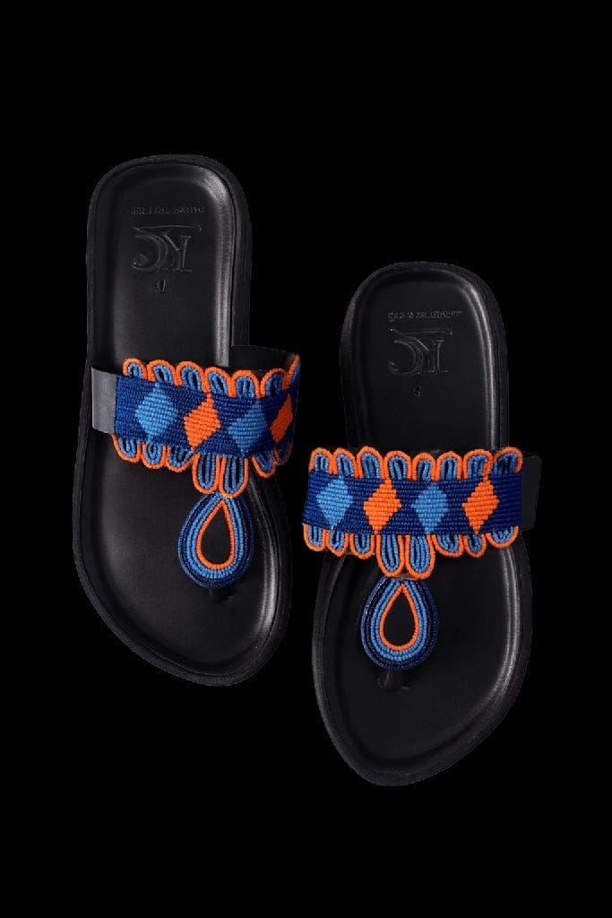 Sandale Masaï « Mvua »  Mule plateforme cuir noir perles géométriques bleu & orange | Perlacuir