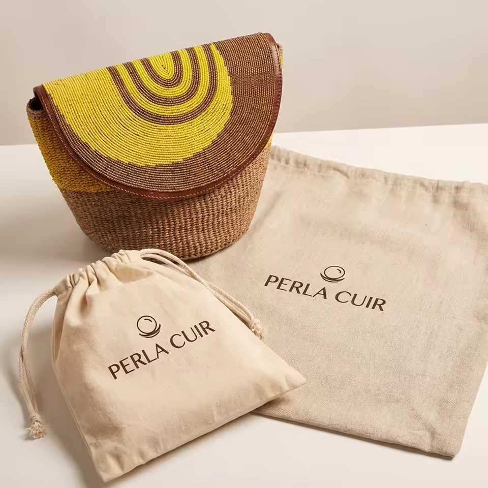 Sac Moyen Format Cuir Perlé et Sisal Masai  Artisanat Authentique