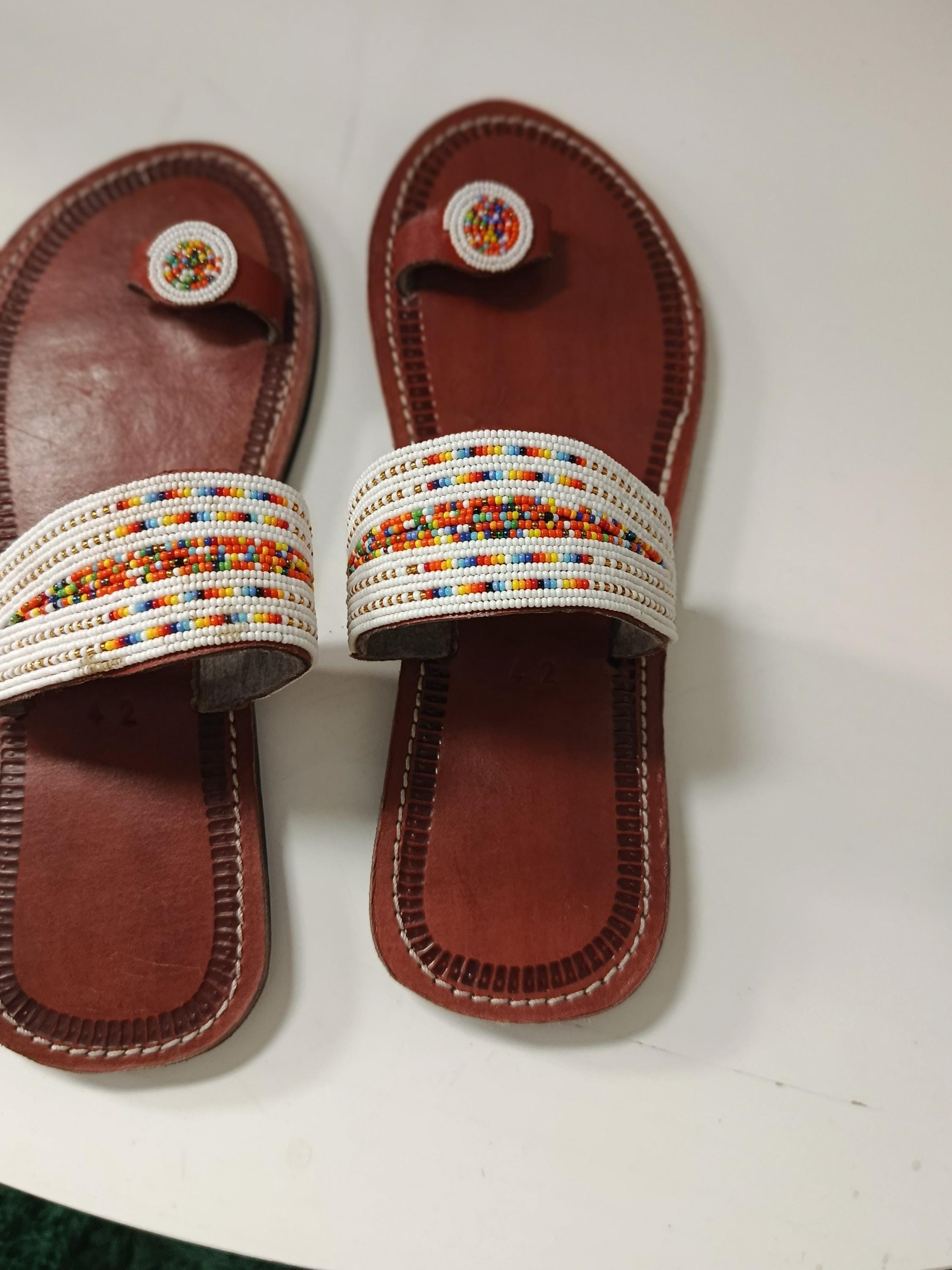 Sandales Cuir Perlées Masai Femme  Artisanat Fait Main Authentique