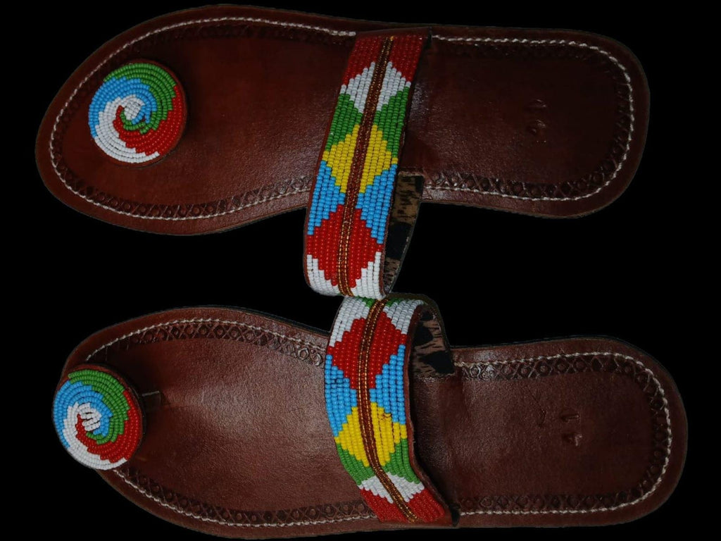 Sandale Masaï « Bahari »  Tong cuir marron perles bleu & blanc | Perlacuir