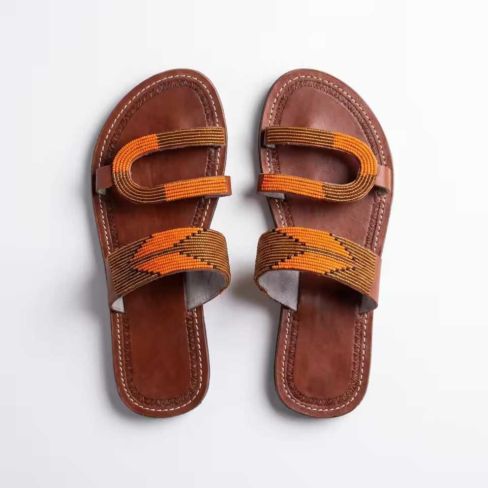 Mkeka  Mule cuir marron bandes tressées camel | Perlacuir