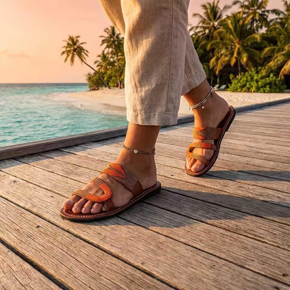 Mkeka  Mule cuir marron bandes tressées camel | Perlacuir
