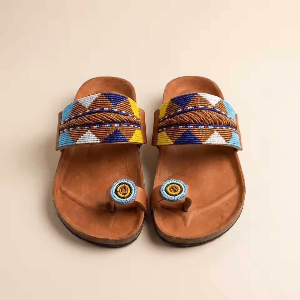 Sandales perlées et cuir Masai  Artisanat authentique premium