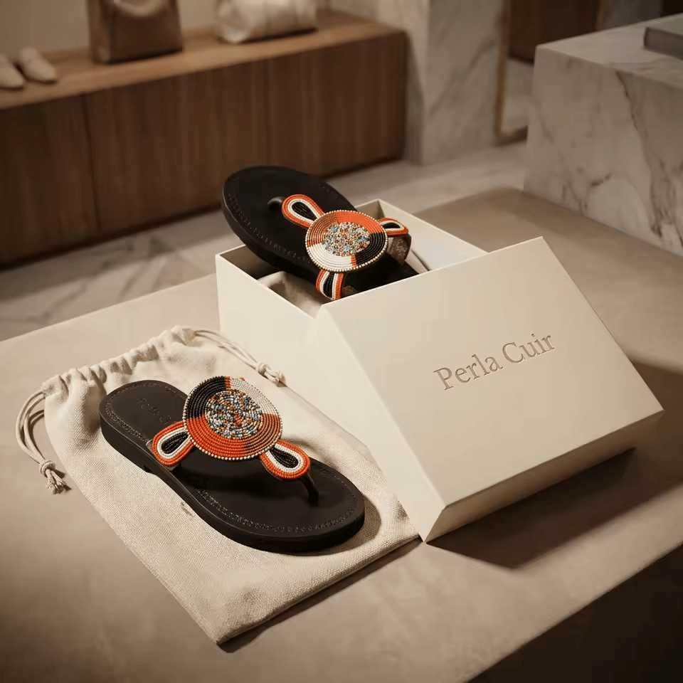 Sandale Masaï « Kilima »  Tong plateforme cuir noir perles multicolores | Perlacuir