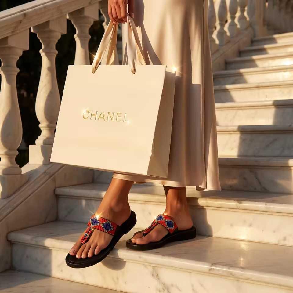 Sandale Masaï « Usiku »  Tong plateforme cuir noir perles orange & bleu nuit | Perlacuir