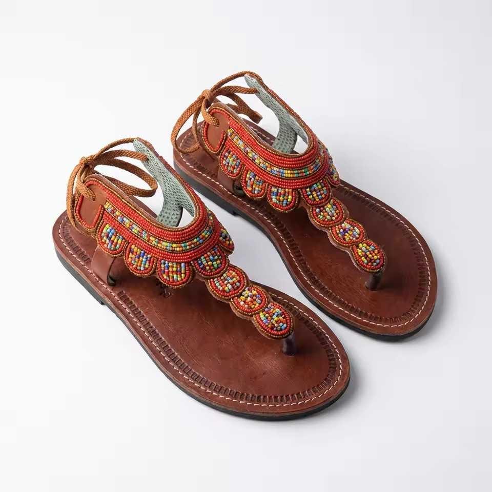 Sandales Cuir Perlées Masai Femme  Artisanat Fait Main Authentique