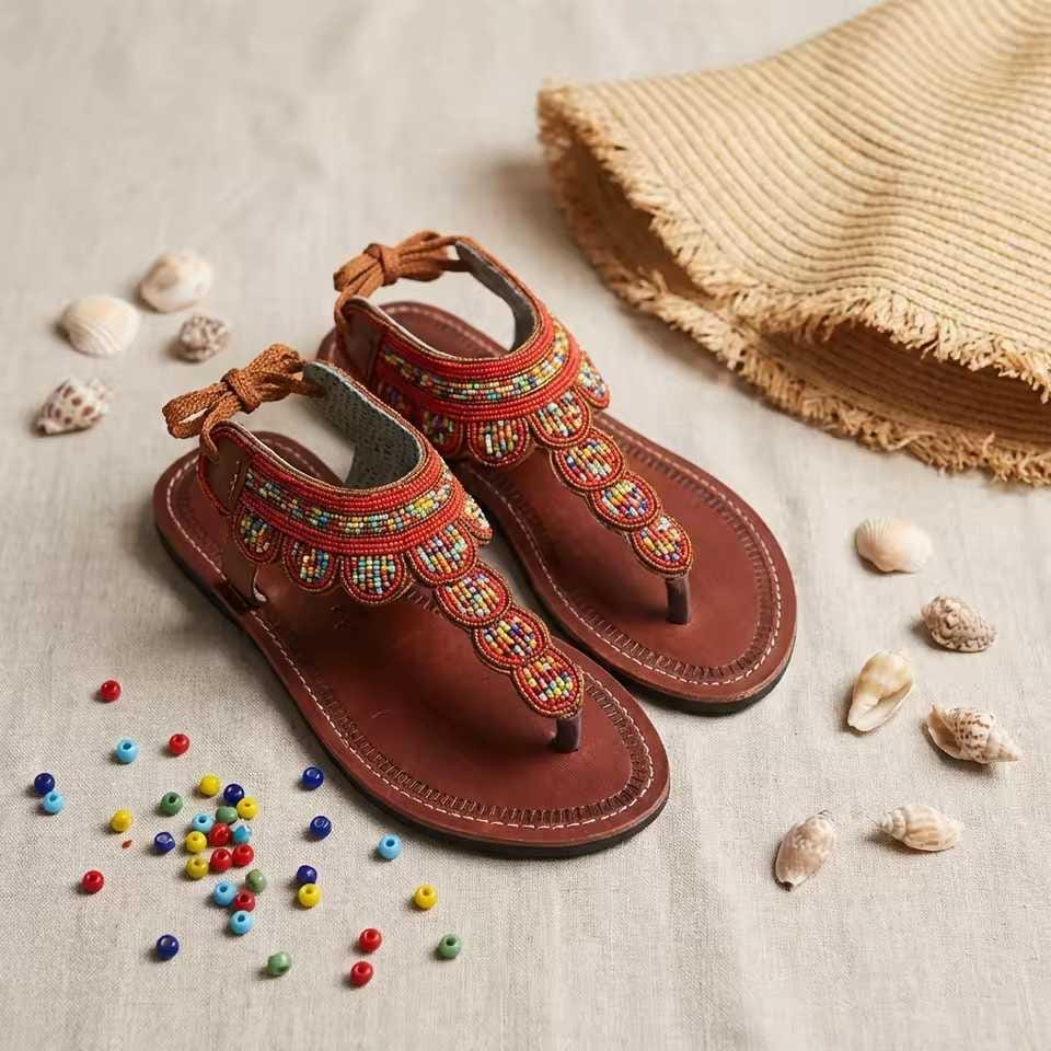 Sandales Cuir Perlées Masai Femme  Artisanat Fait Main Authentique