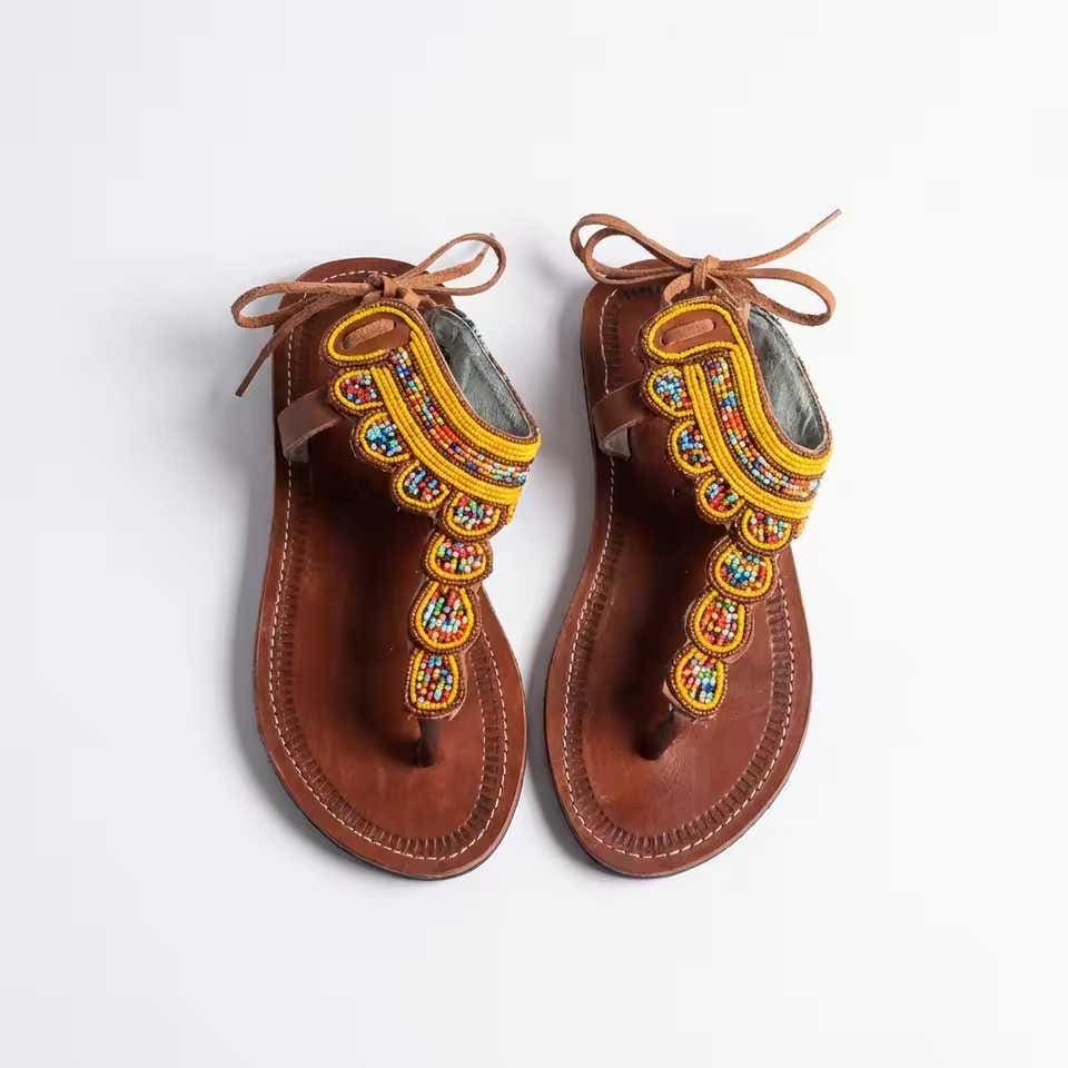 Sandales Cuir Perlées Masai Femme  Artisanat Fait Main Authentique