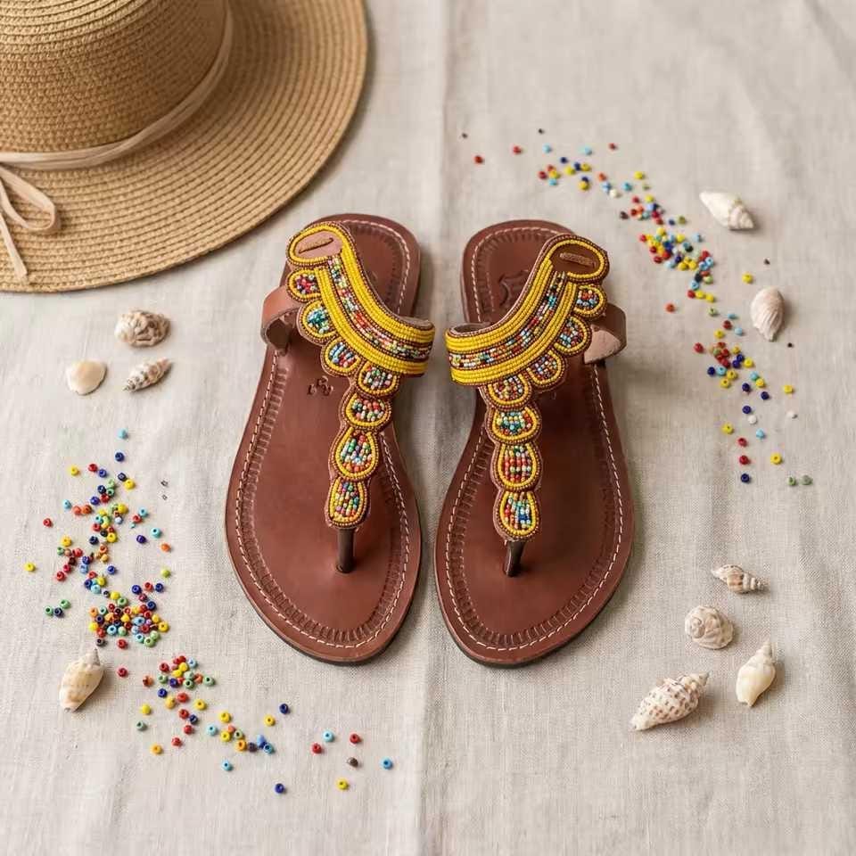 Sandales Cuir Perlées Masai Femme  Artisanat Fait Main Authentique