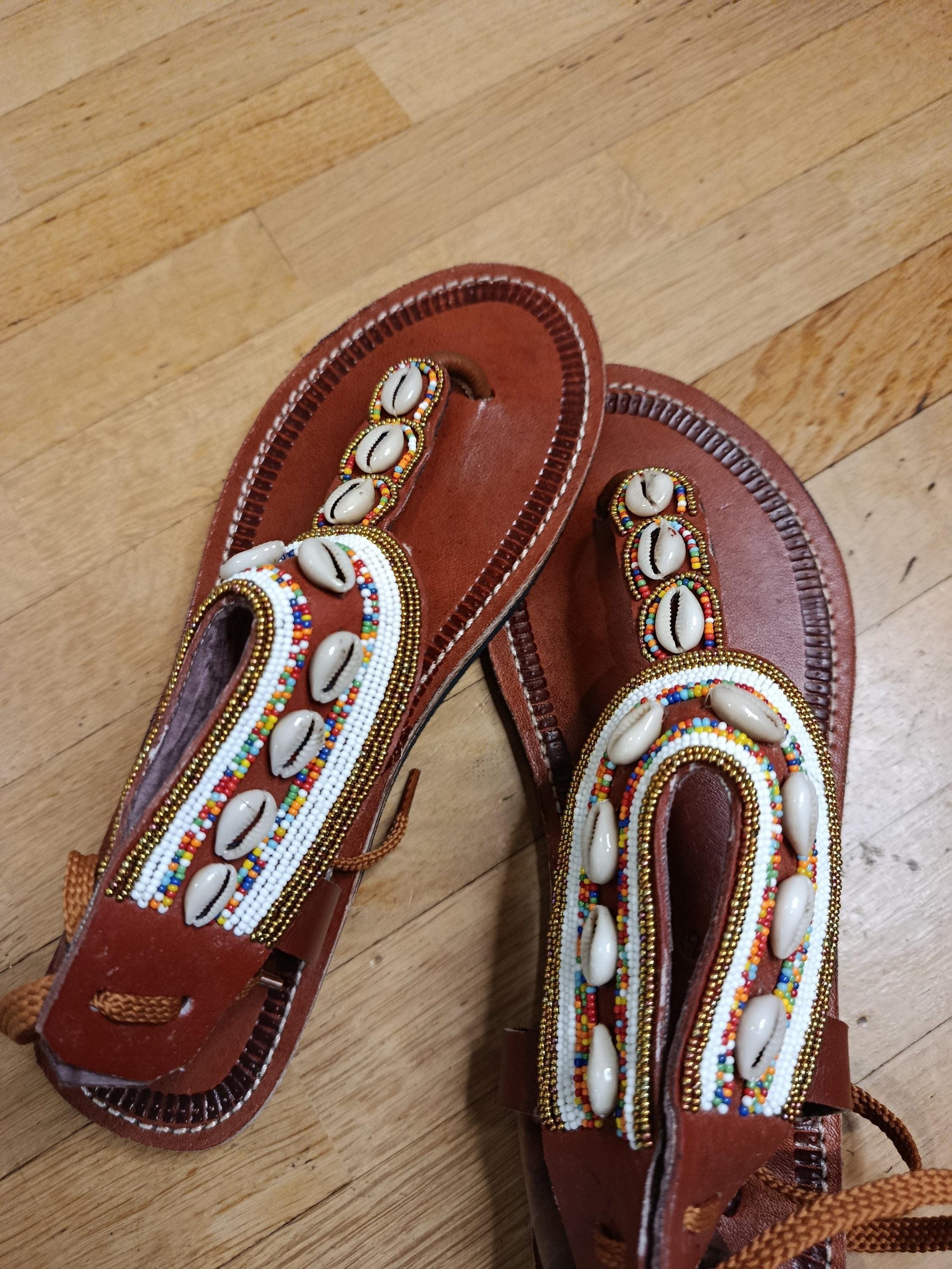Sandales Cuir Perles et Cauris Masai Femme  Artisanat Unique