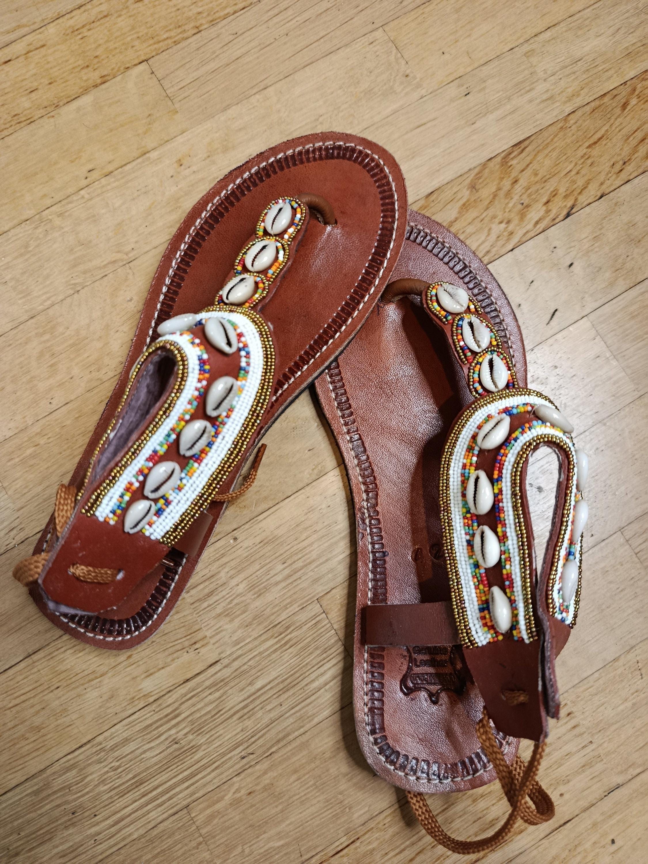 Sandales Cuir Perles et Cauris Masai Femme  Artisanat Unique
