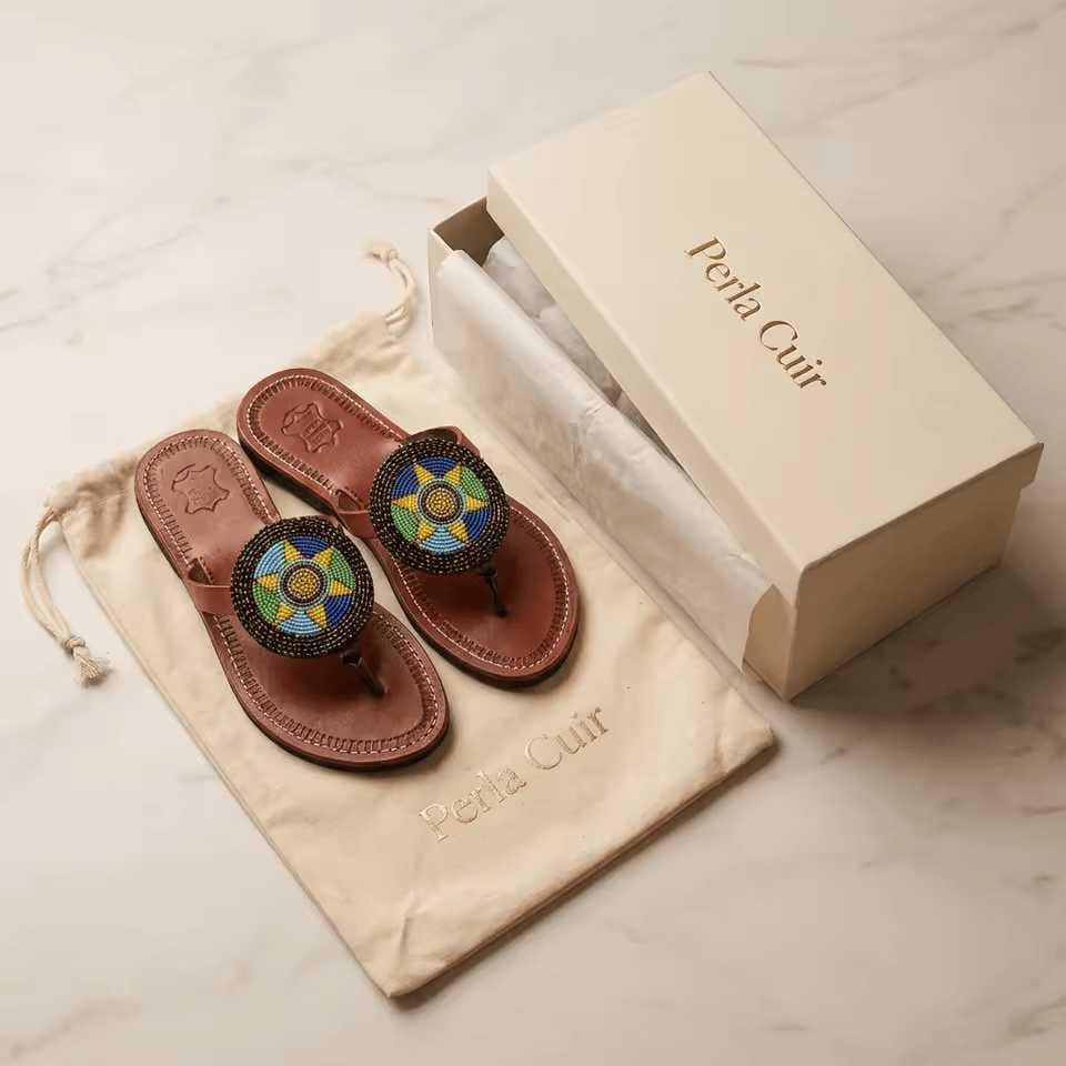Sandales Cuir Perlées Masai Femme  Artisanat Fait Main Authentique