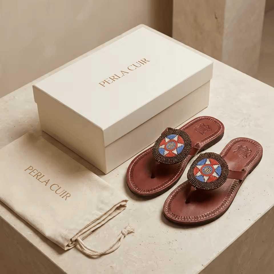 Sandales Cuir Perlées Masai Femme  Artisanat Fait Main Authentique