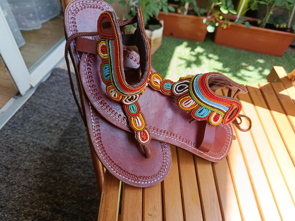 Sandales Cuir Perlées Masai Femme  Artisanat Fait Main Authentique