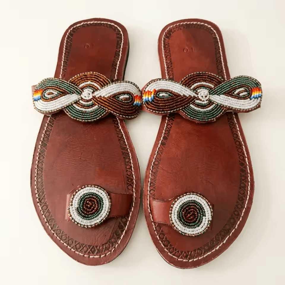 Sandales Cuir Perlées Masai Femme  Artisanat Fait Main Authentique