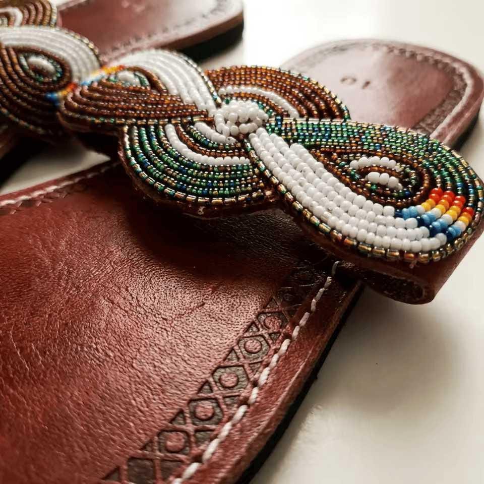 Sandales Cuir Perlées Masai Femme  Artisanat Fait Main Authentique