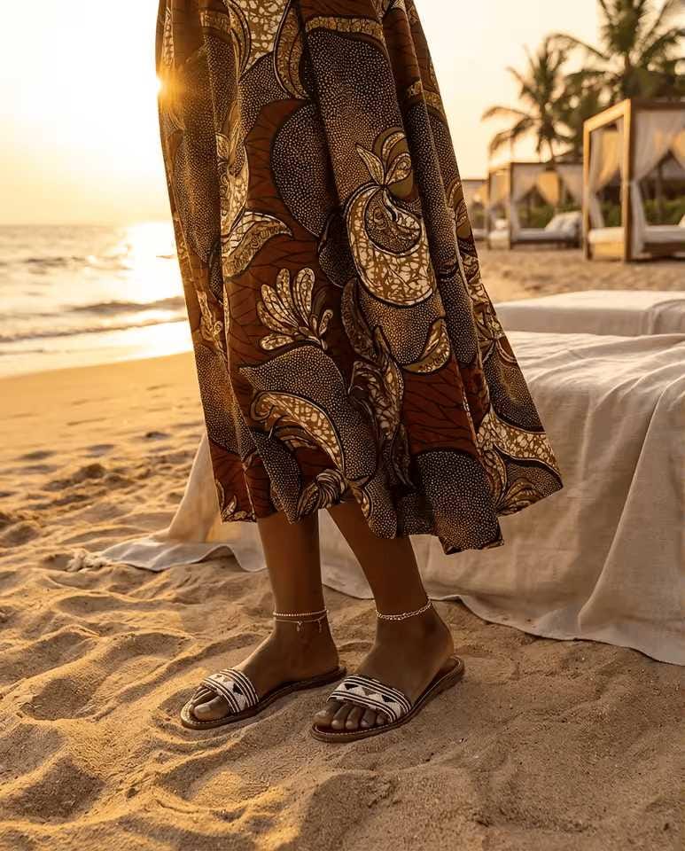 Sandale Masaï « Hekima »  Mule cuir cognac perles géométriques noir, blanc & or | Perlacuir