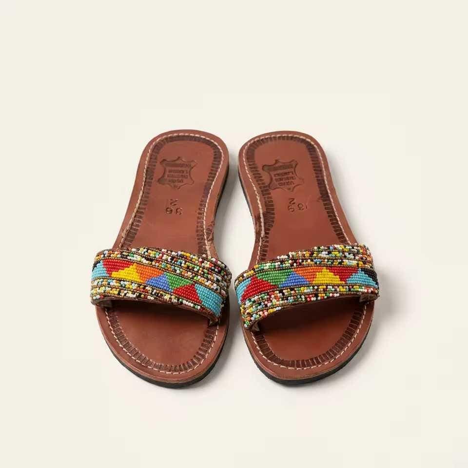 Sandale Masaï « Amani »  Mule cuir marron bande perles multicolores | Perlacuir